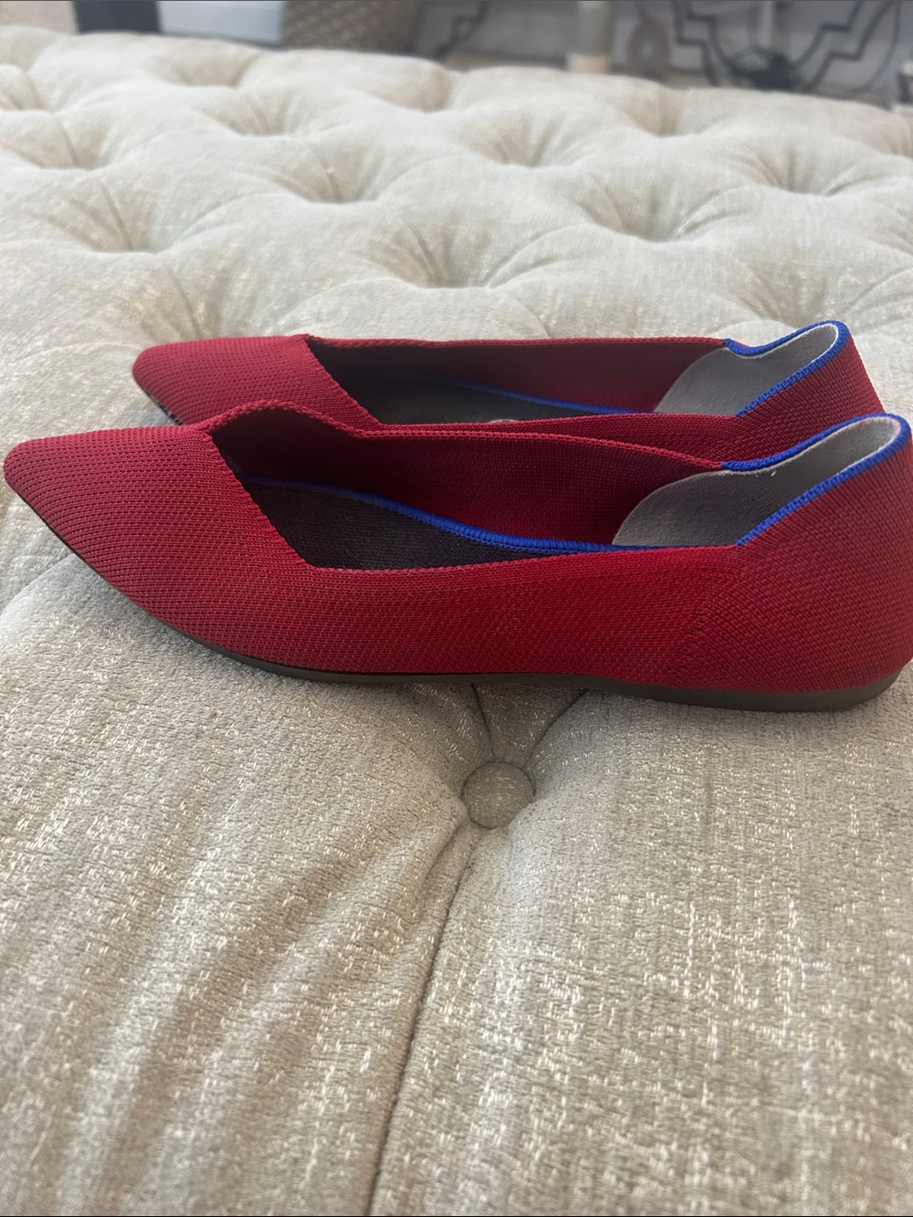 Rothy's Women's Pointed Knit Flats in red with Blue Trim - Picture 2 of 5